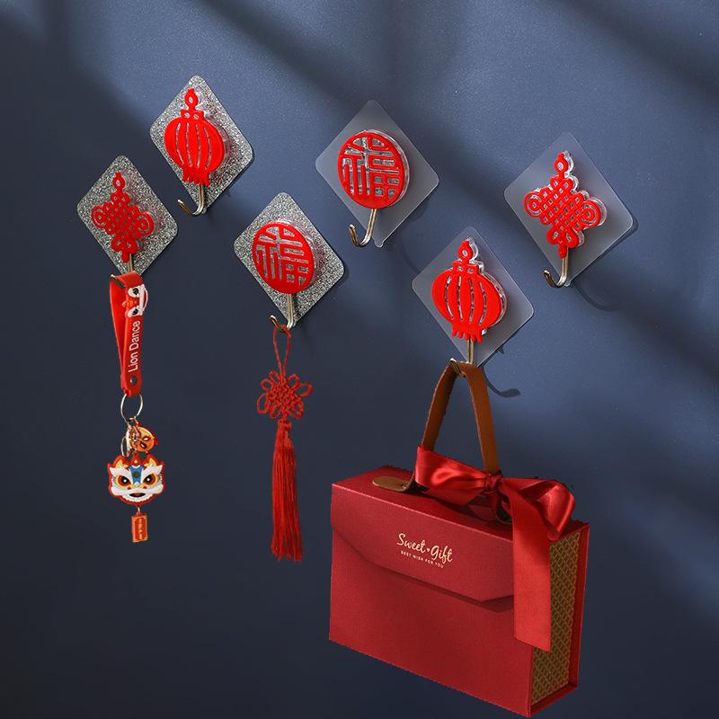 2pcs Nail Free Hooks Festive Lucky Word Hooks Red Lantern Hooks Chinese Knot Hooks Room Clothes And Hat Room Door Hooks Gifts
