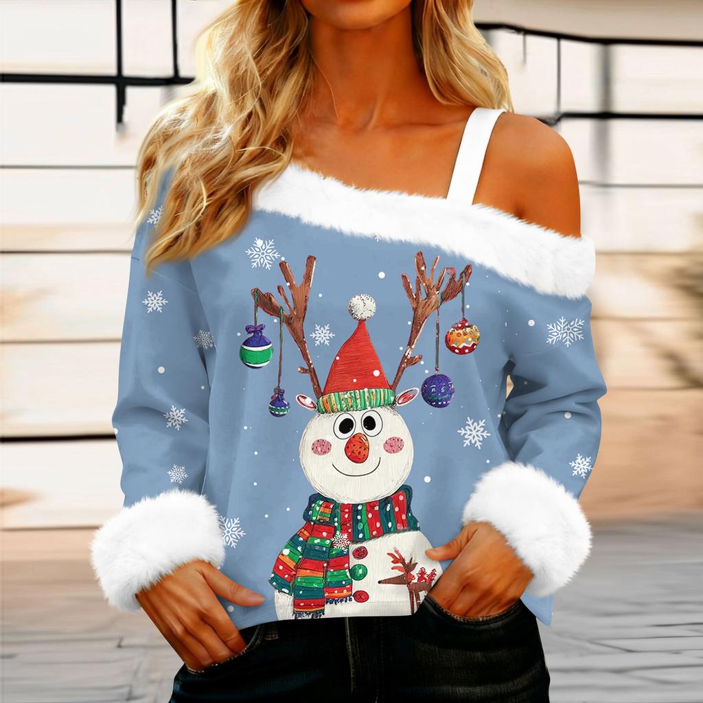 Dámská ležérní móda Sexy top s odhalenými rameny a vánočním vzorem, s dlouhým rukávem a kulatým výstřihem