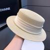 Hat women 2025 new summer retro fashion pearl straw top hat travel seaside flat top celebrity style straw hat