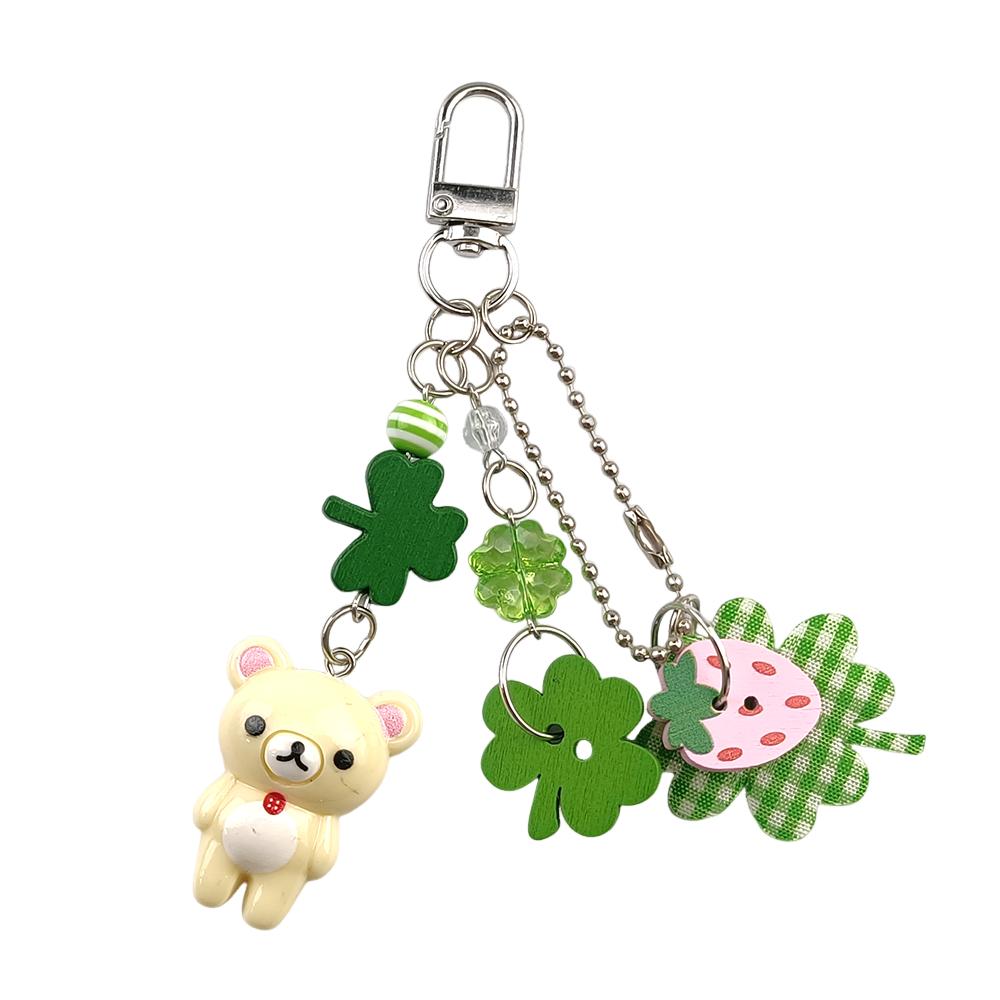 Cute Bell Bear Pendant Matching Phone Charms Keychains Handmade Rilakkuma Strawberry Beaded Accessories Jewelry Couple Gifts
