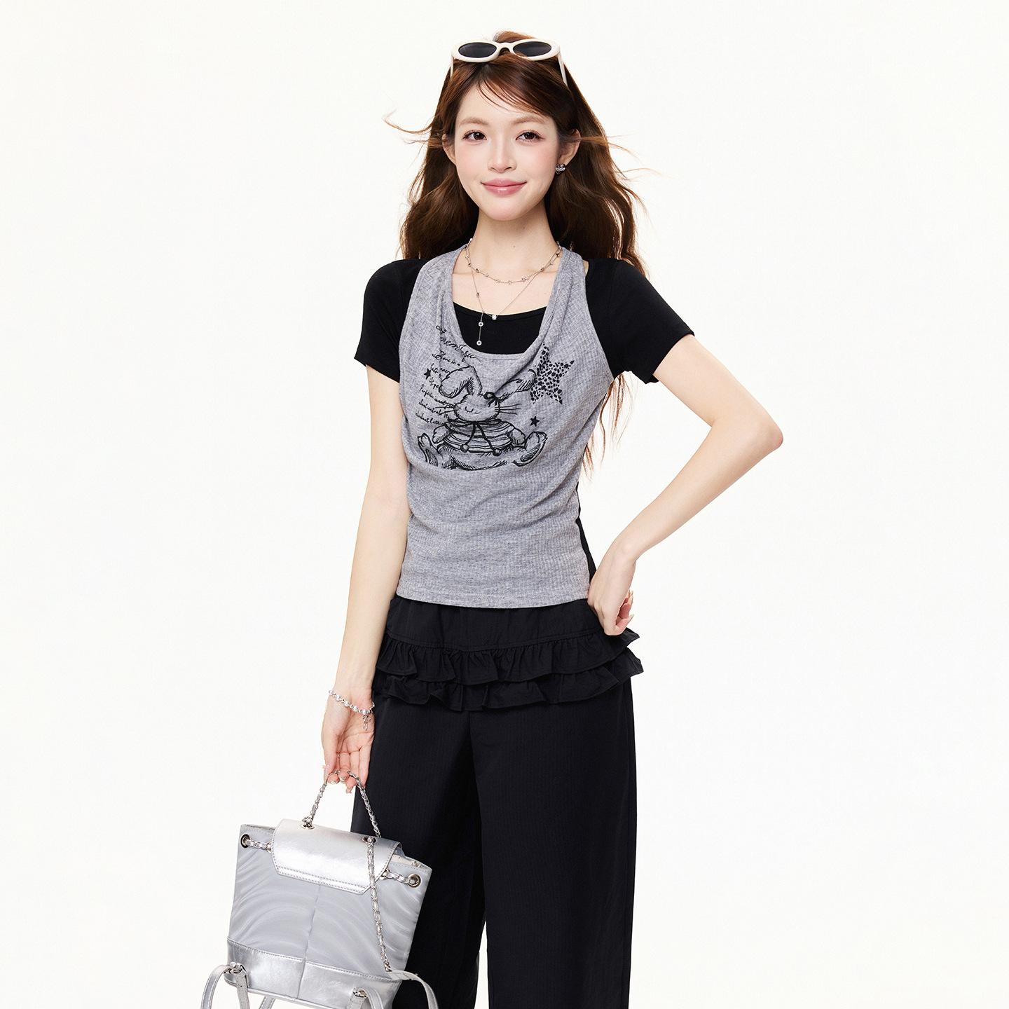 

American retro swinging neck sling fake two-piece short-sleeved T-shirt women s summer slim and thin shoulder top S