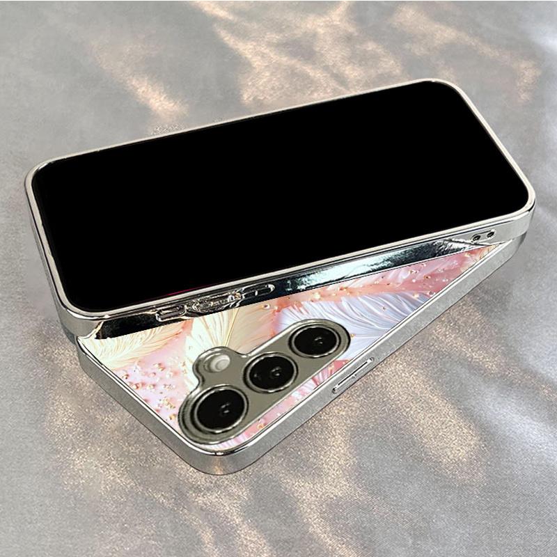 Vergoldetes gehärtetes Glas Handyhülle für Samsung Galaxy S26  S25  S24  S23  und S22 Ultra Plus. Rosa Federdesign.