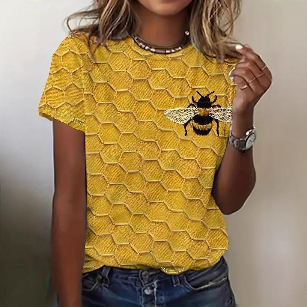 Sommer Einzigartiges und Einfaches 3D-gedrucktes Zwergbienen-Sonnenblumen-Element Rundhals Kurzarm Damen T-Shirt