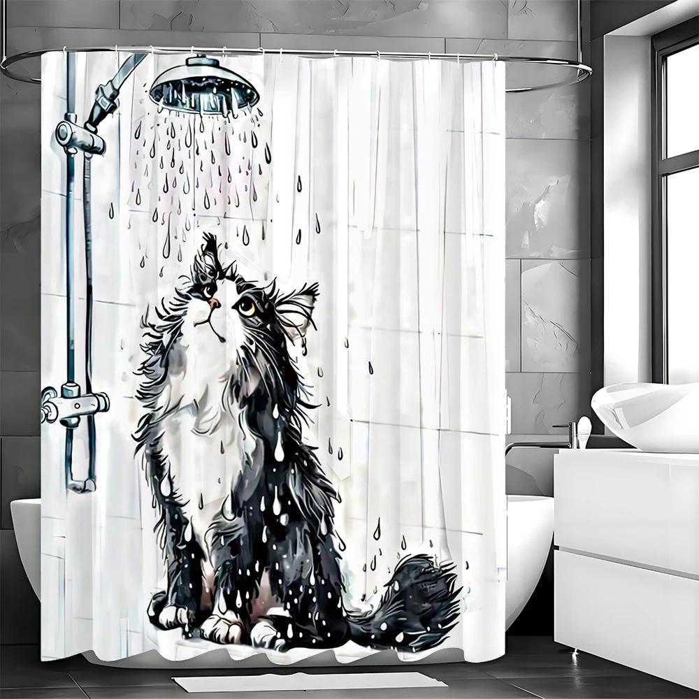 Humorous Black Cat Shower Curtain – Funny Cat Print, Water-Resistant Fabric, Includes Hooks