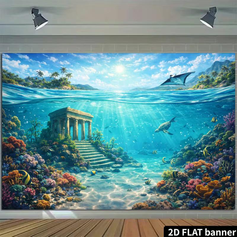2D Sunlit Underwater Temple Backdrop Tropical Ocean Coral Reef Party Background