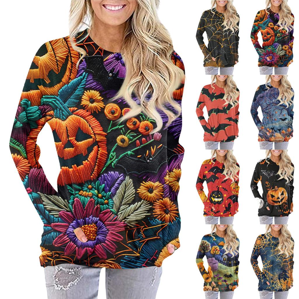 Women's Fashion Casual Round Neck  Print Long Sleeve Pocket T-Shirt Top