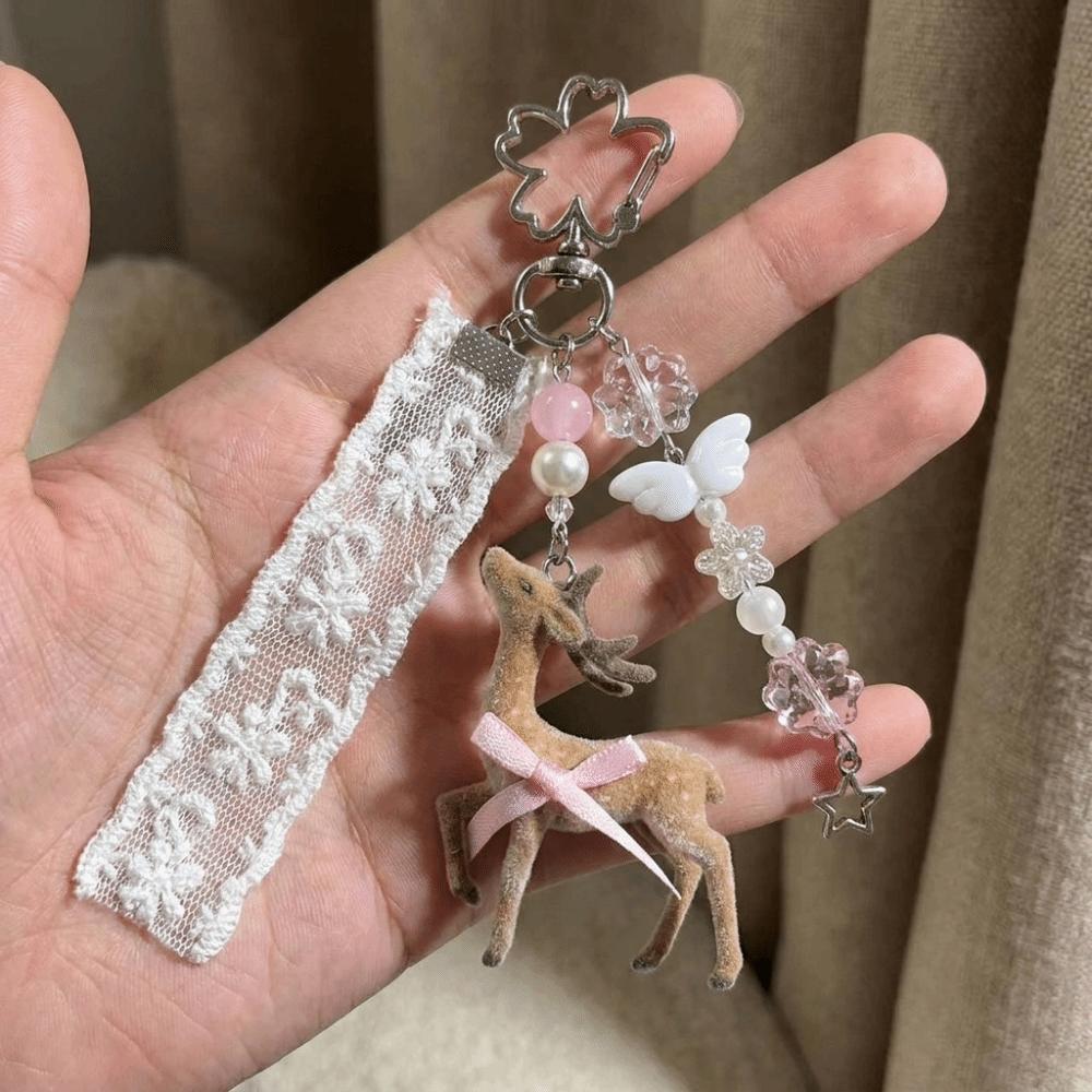Coquette Style Fawn Keychain Ribbon Bow Design Phone Charms Cute Bag Pendant Bag Decoration