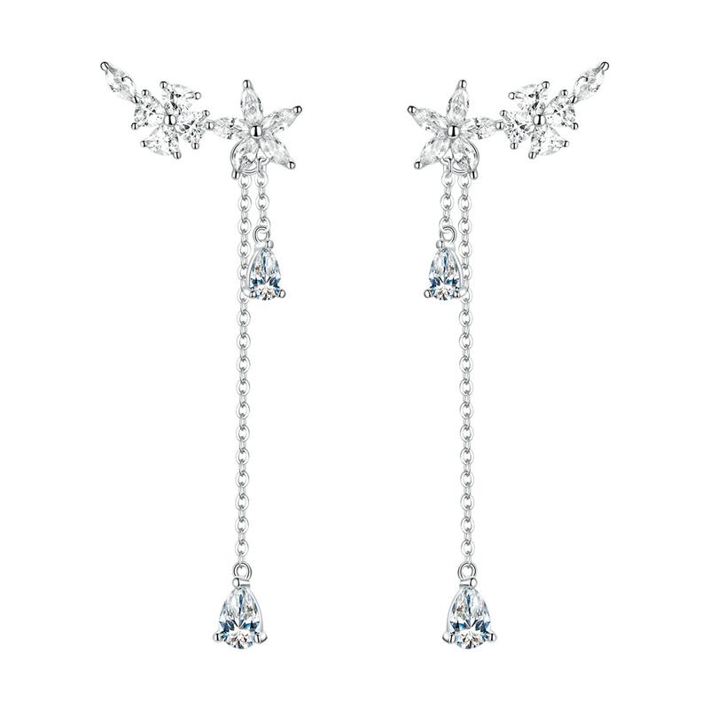 

BAMOER 925 Silver CZ Flower Wrap Earrings Dangle Chain, Women Elegant Bridal Earrings Wedding Engagement Drop Earrings