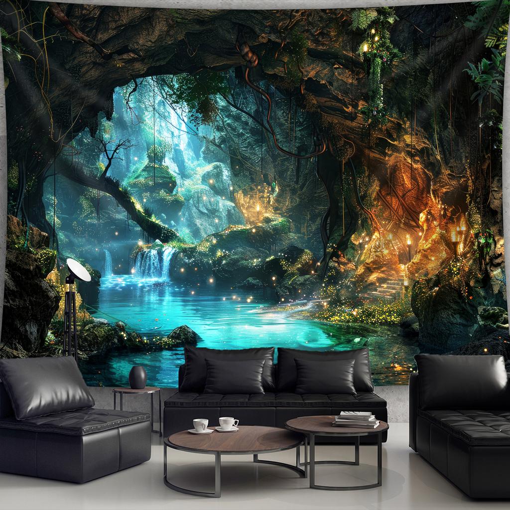 Fantasy Cave Waterfall Tapestry, Glowing Underground River And Lights, Mystical Landscape Wall Hanging For Bedroom