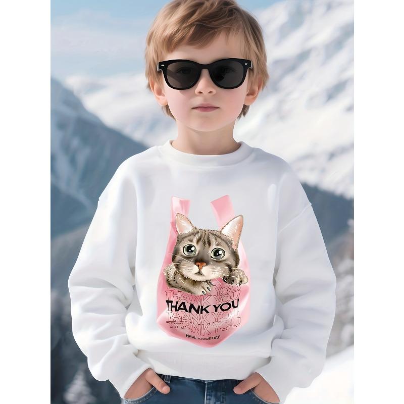 Kids Crewneck Long Sleeve Sweatshirt, Cute Pink Bag Cat THANK YOU Cartoon Print 110 белый
