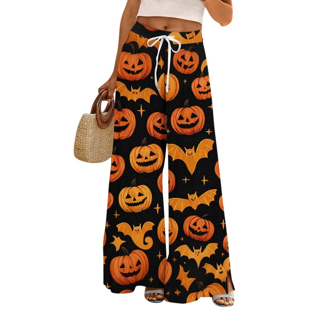 Ladies' Loose And Casual Halloween Printed Wide Leg Pants With Elastic Waistband Drawstring And Pocket Pants
