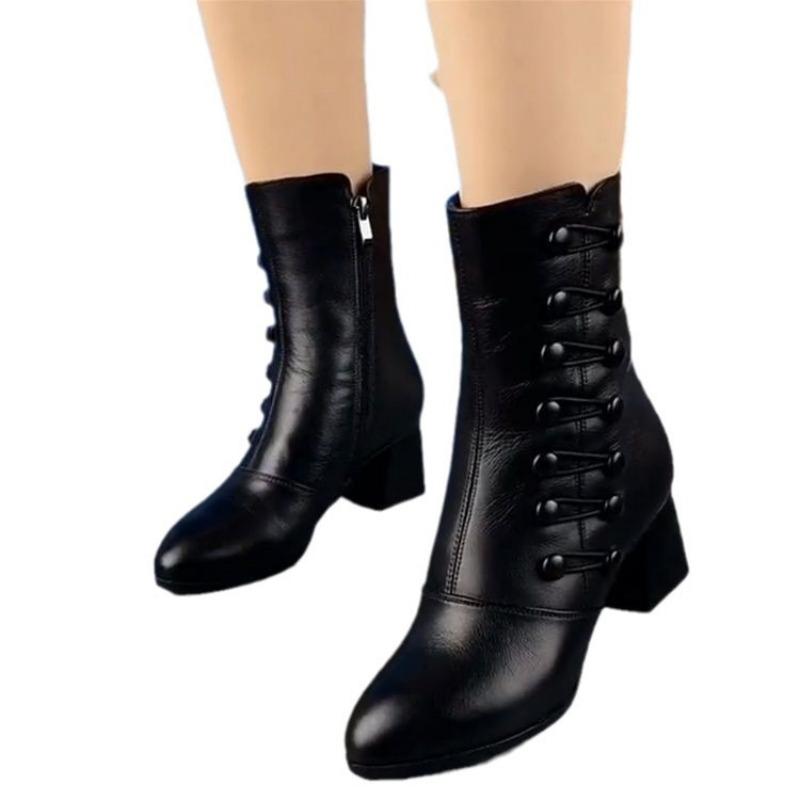 Soft Leather Shoes, Skinny Boots, Ankle Boots, Women's Fashion Mid-heeled Mid-calf Shoes, Soft-soled Ankle Boots