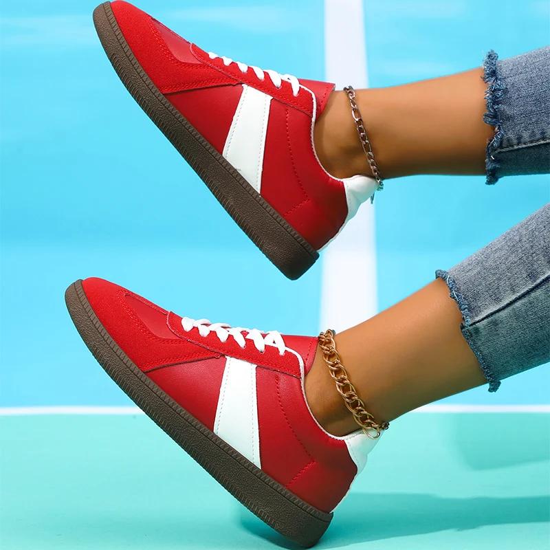Fashion Spring New Patchwork Women Flats Shoes Outdoor Light Comfort Lace-Up Vulcanized Shoes Faux Leather Anti Slip Tennis Sneakers