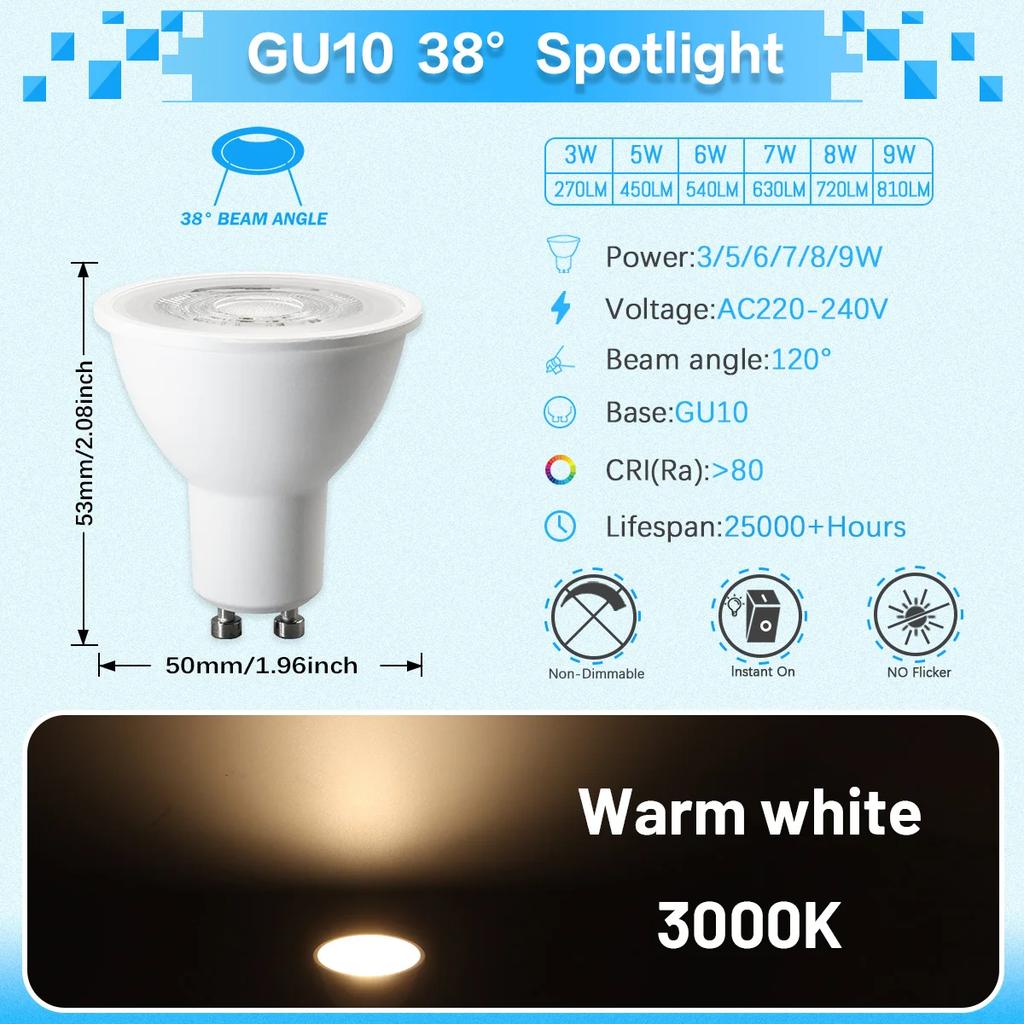 10pcs Factory Direct GU10 LED Spotlight 3W-9W 220V High Lumen Replace 50W Halogen Lamp Is Suitable for Down Lamp Chandeliers