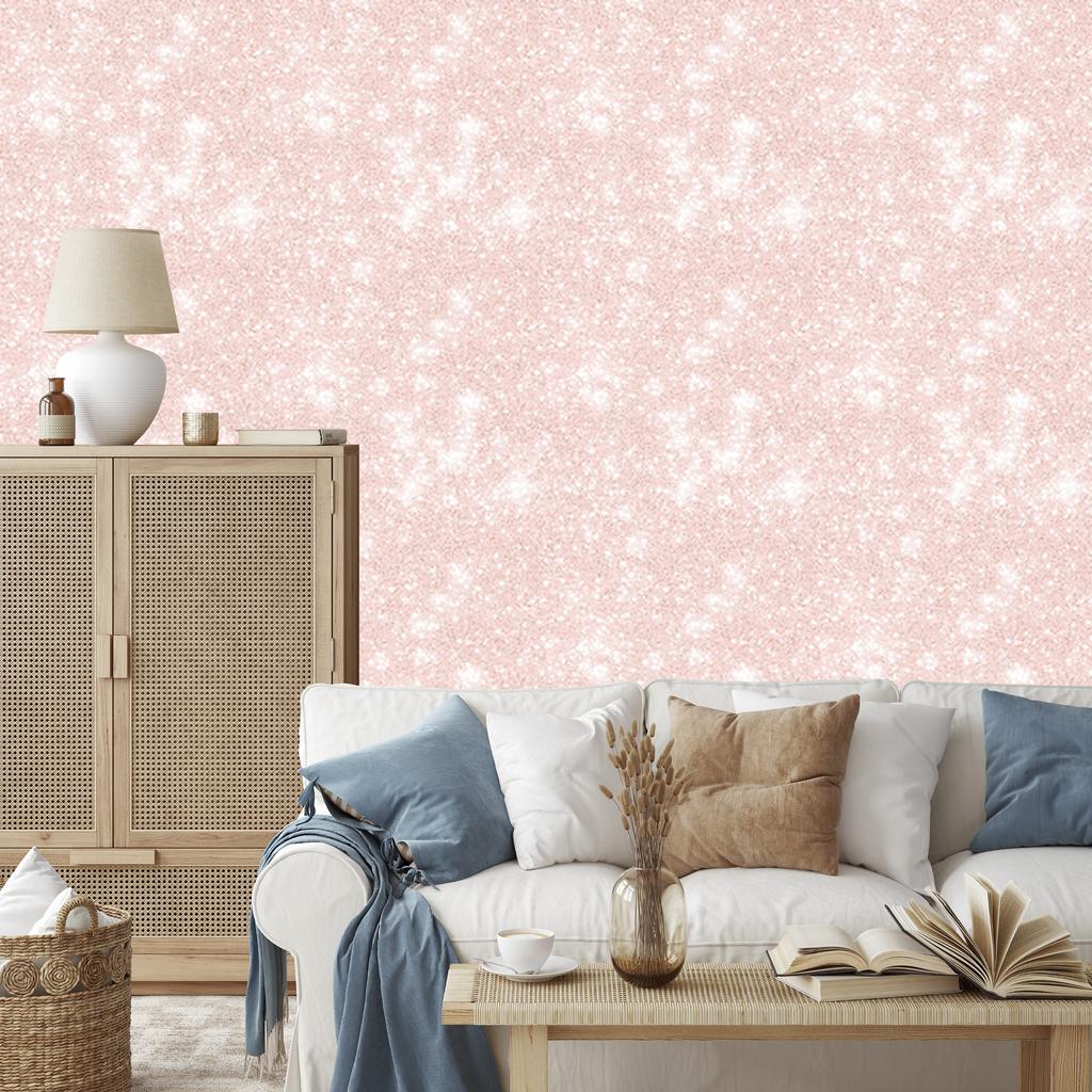 Koraal, wit en perzik glitter behang voor woonkamer en slaapkamer 50x1000