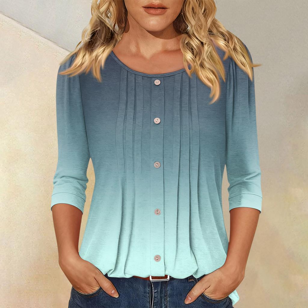 Women's Fashionable Casual Three-quarter Sleeve Button Gradient Round Neck Top