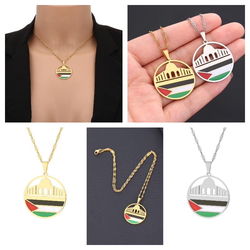 Ethnic Style Aksha Mosque And Palestine Pendant Necklace For Men And Women Stainless Steel Jewelry