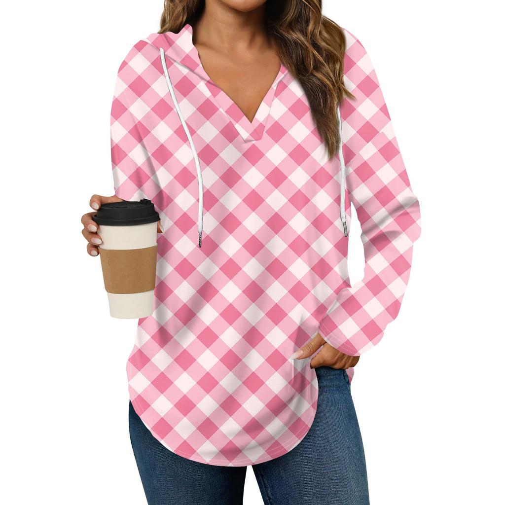 Damenmode Hoodies V-Ausschnitt Langarm Bedruckt Kordelzug Lässige Lose Pullover Tops