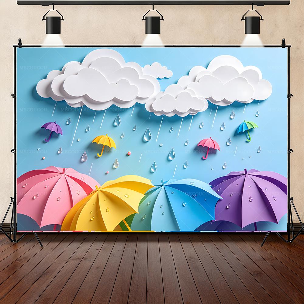

BEPAN 3D umbrella raindrop theme banner background photo studio shooting props kindergarten poster children s birthday party props Vinyl--W120xH80cm