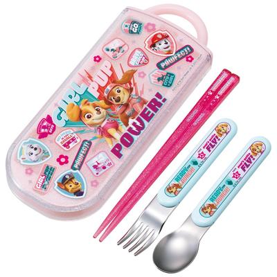 Lunch Box Trio Set Chopsticks Spoon Fork Kids Cutlery Antibacterial Treatment Easy To Open Sliding Type Made In Japan Paw Patrol GIRL PUP Girls