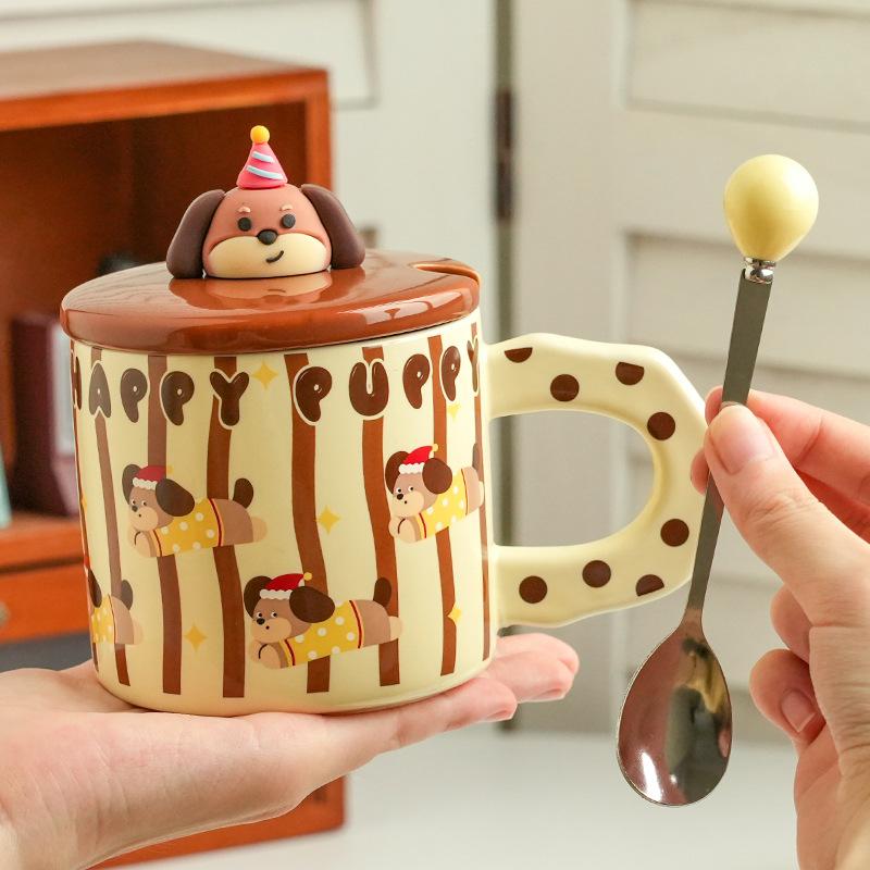 

Креативная керамическая чашка для щенка с крышкой и ложкой для дома, офиса, для пары, чашка для воды, сувенирный подарок высокой ценности, кружка 400ML