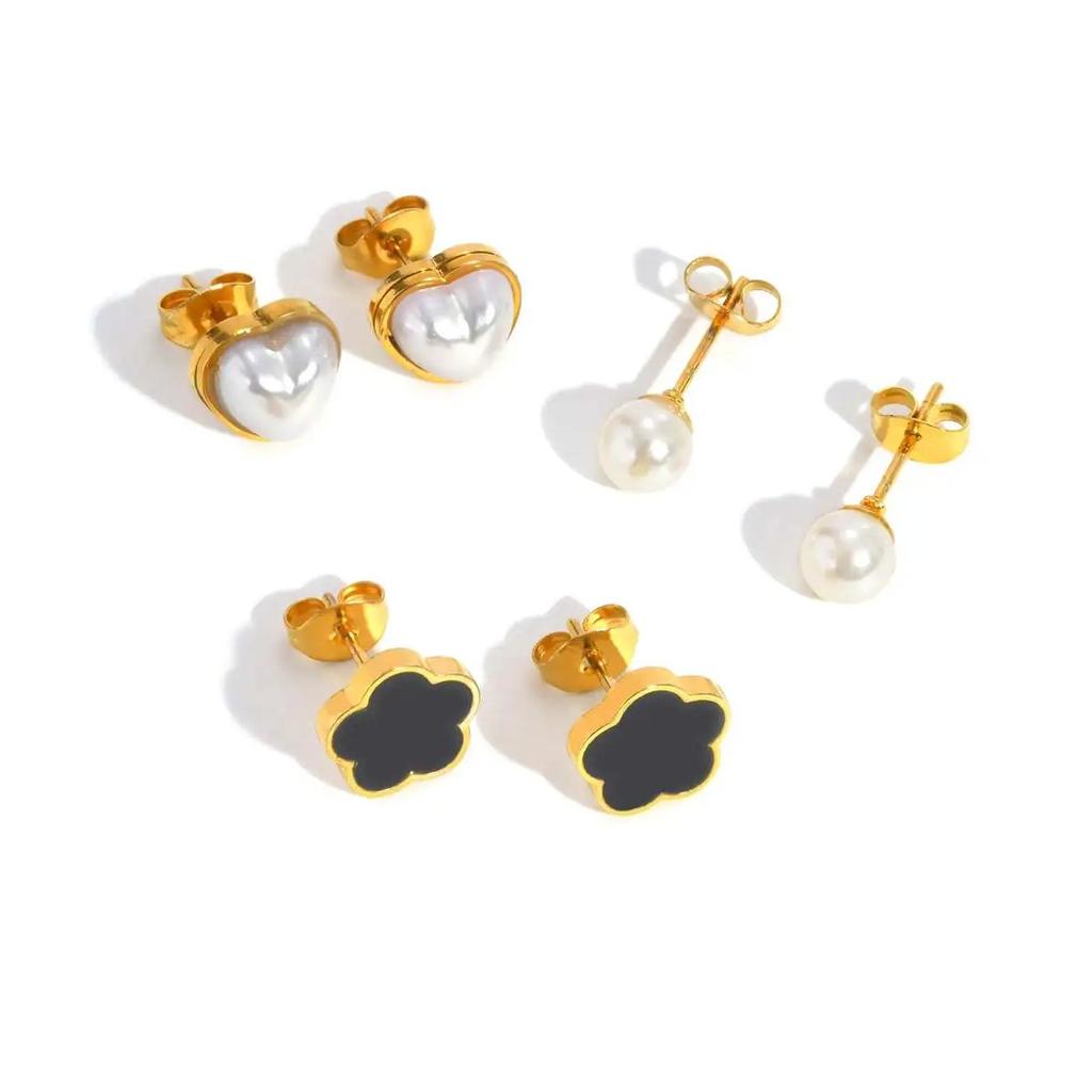 Three-piece Set of Stud Earrings for Women,Stainless Steel Imitation Pearl Heart Shape Flowers Earrings, Geometric Jewelry Gifts