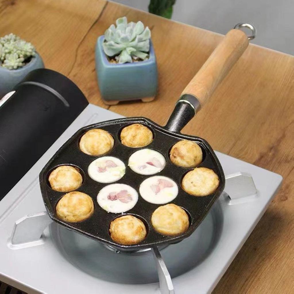Takoyaki Grill Pan Easy To Clean Cast Iron Octopus Meat Ball Mold Maker Detachable Handle Nonstick 14 Holes for Home