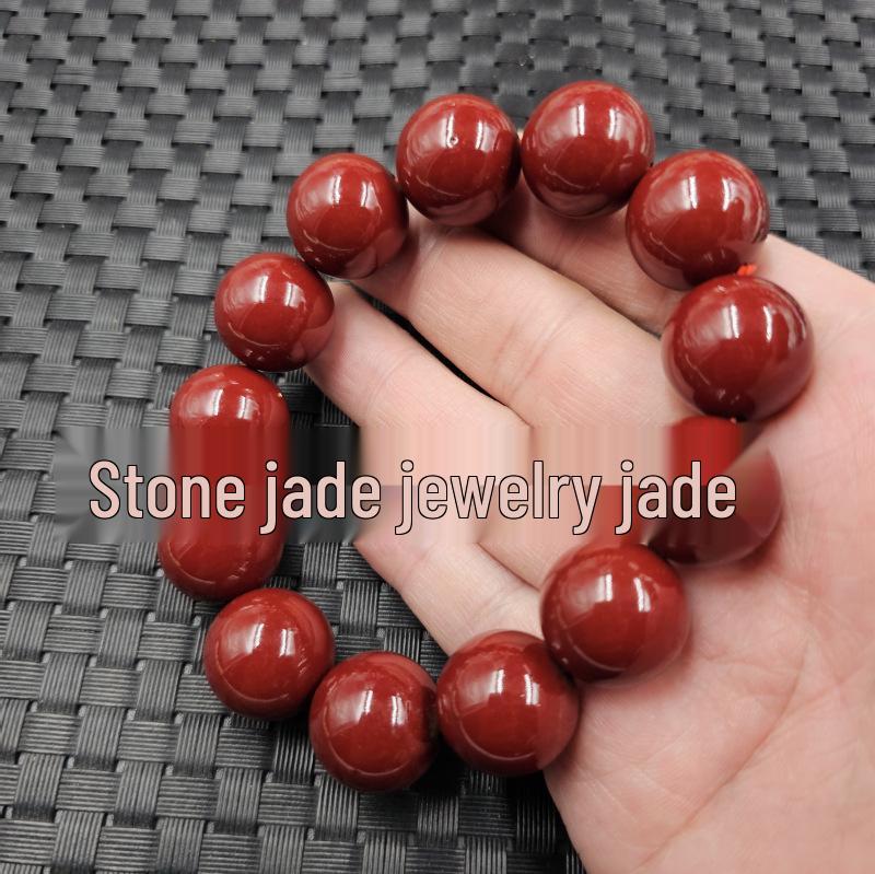 Bracciale Unisex con Perle da 10mm in Giada Cinabro e Sabbia Oro Viola, Colore Rosso Sangue di Gallina.