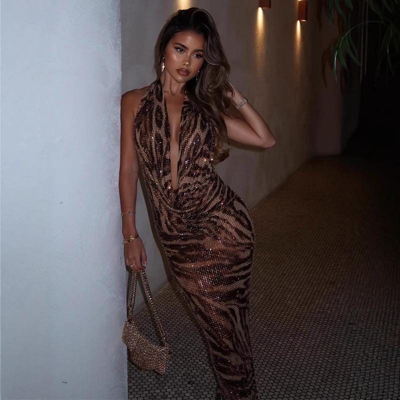 Rochie de damă, sexy, cu decolteu în V, rochie clasică cu paiete cu imprimeu leopard