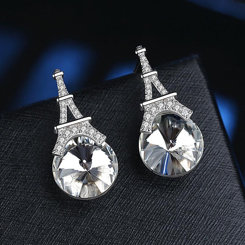 925 Sterling Silver White Pink Crystal Eiffel Tower Stud Earrings for Women Wedding Gift Female Pendientes Mujer Moda
