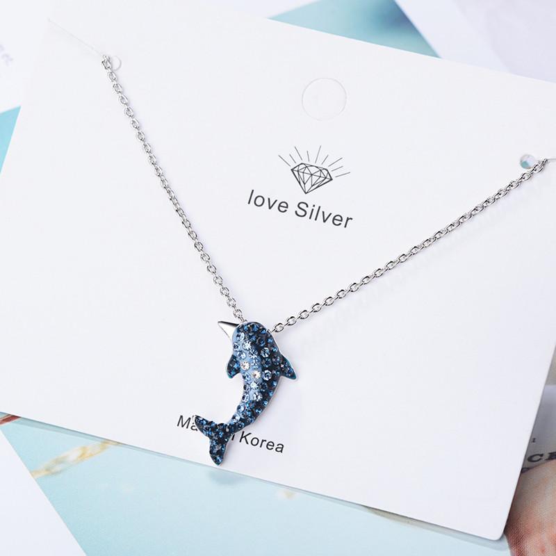 Buyee 925 Sterling Silber Damen Anhängerkette Blauer Kristall Delfin Fisch Halskette für Mädchen Frau Mode Süß Feiner Schmuck Kette