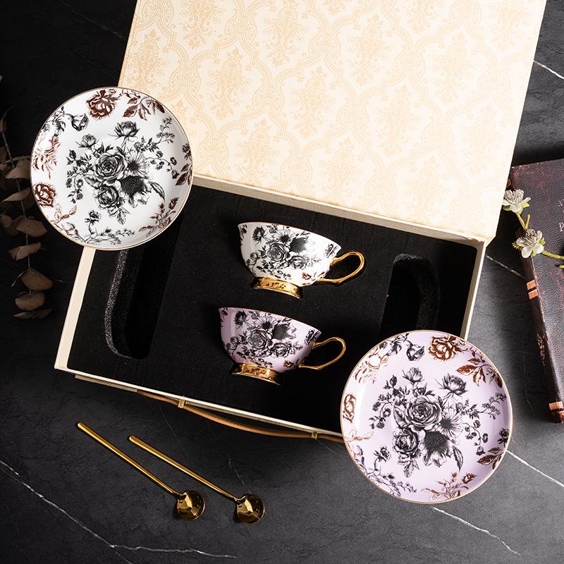 European Luxury Gold-Rim Bone China Coffee Cup - Four Seasons Ink Design