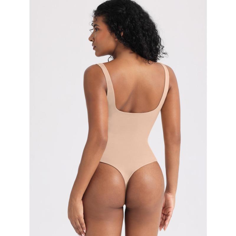 Women High Waist Double Layer Tummy Control U Back Solid Bodysuit