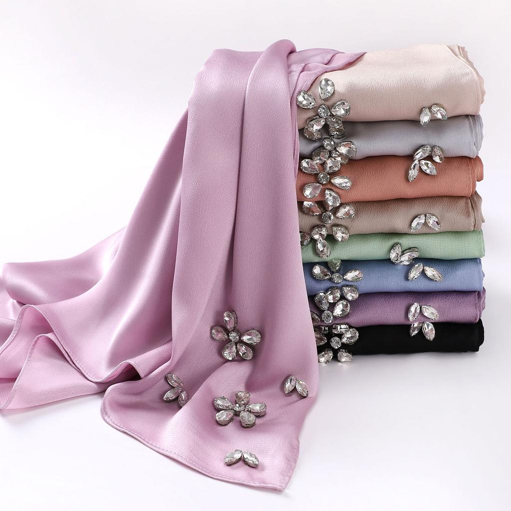 2024 New Imitation Silk Bubble Chiffon Handmade Diamond Scarf Hui People Scarf Malaysian Headscarf Scarf 175CM