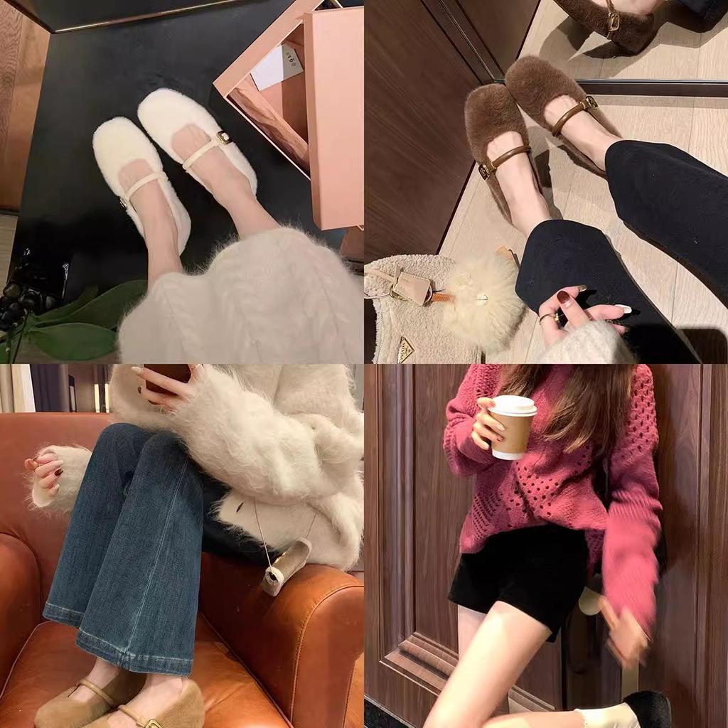 Wool Version~ Leather Ballet Style One-word Belt Inner Height Increase Mao Mao Mary Jane Single Shoes Women