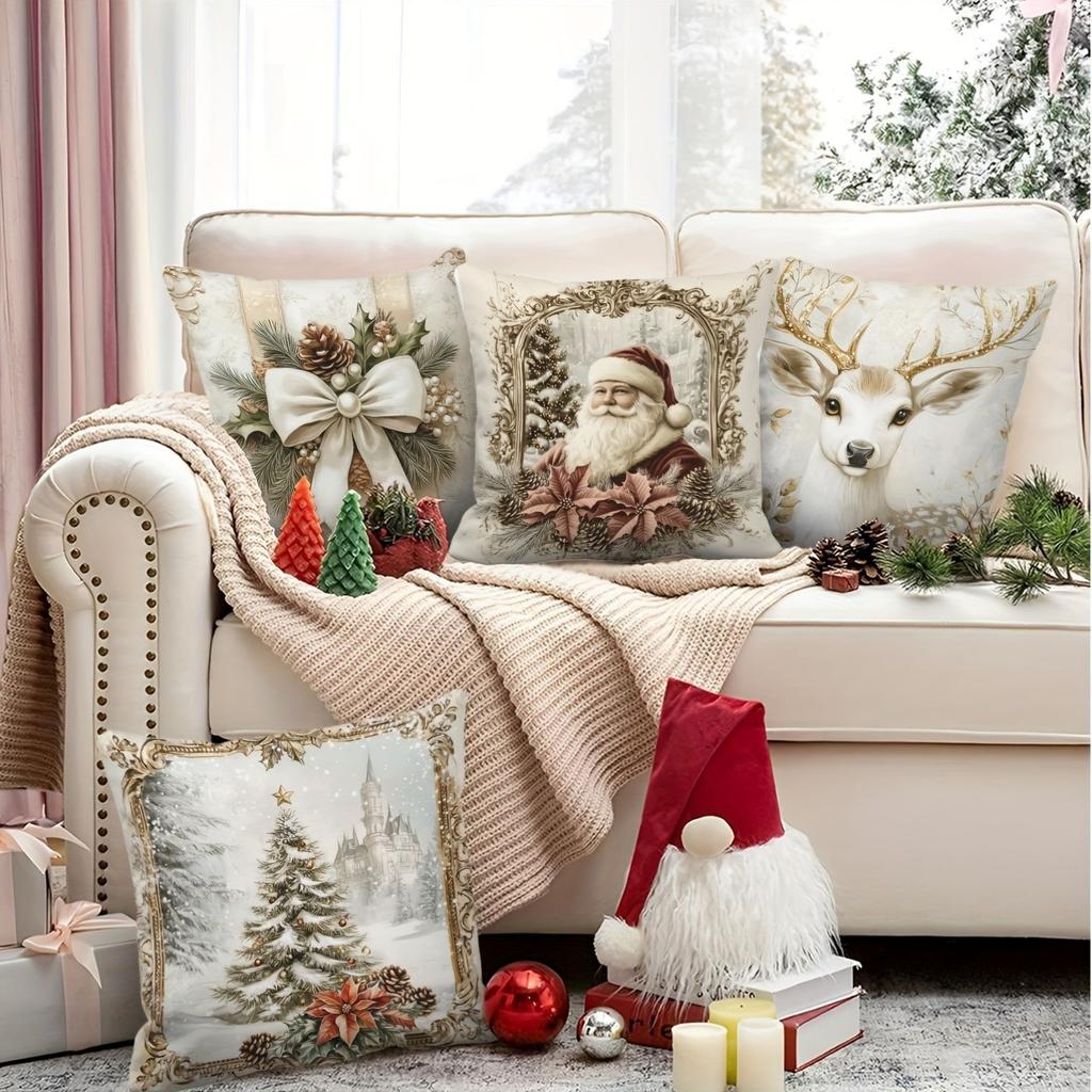 Christmas Decoration Pillow Cover Santa Claus Reindeer Christmas Tree Pattern Living Room Sofa Cushion Cover Home Decoration