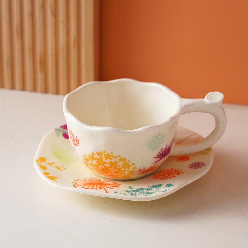 Exquisite Hand-painted Flower Ceramic Cup and Plate Set, Cute Coffee Mug, Office Breakfast Oat Milk Cups, Couple Christmas Gift