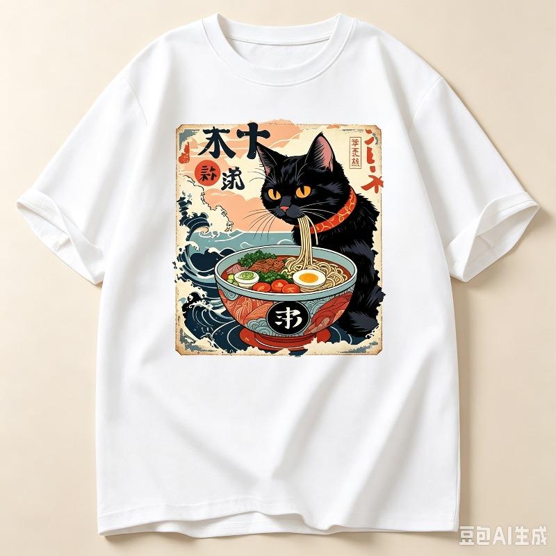 Casual Ukiyoe Style T Shirt Black Cat Raunisex Noodles Ocean Wave Printed Short Sleeve Top