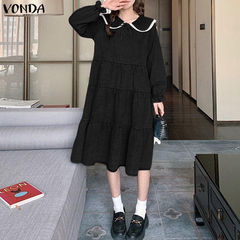 VONDA Women Casual Doll Collar Loose Long Sleeve College Style Dress