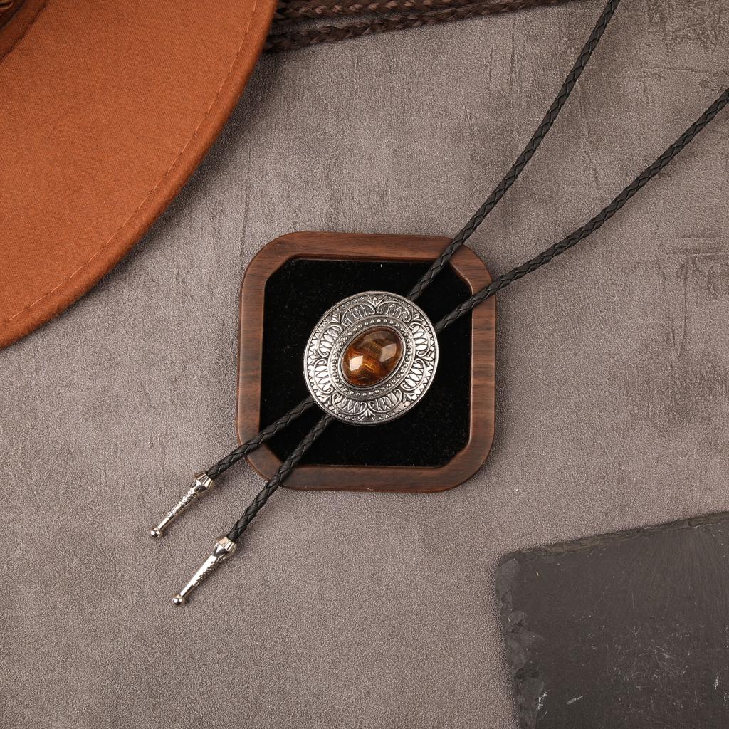 Corbata Bolo Vaquera Occidental Vintage Colgante Ovalado de Metal Cuerda Trenzada de Cuero Corbata de Cuello Accesorios para Sombrero de Vaquero del Suroeste para Hombres
