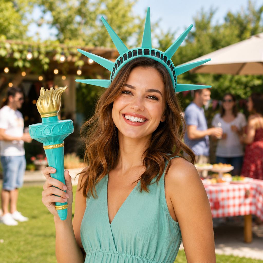 Statue of Liberty Costume Headband and Torch Prop Set for Holiday Themed Dress Up and Party Accessories
