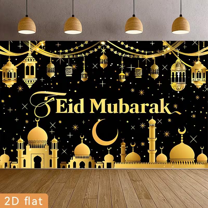 

2D Flat Eid Mubarak Background, Black Gold Moon & Mosque Theme Backdrop for Muslim Festival 47.2x31.5inch/120*80cm