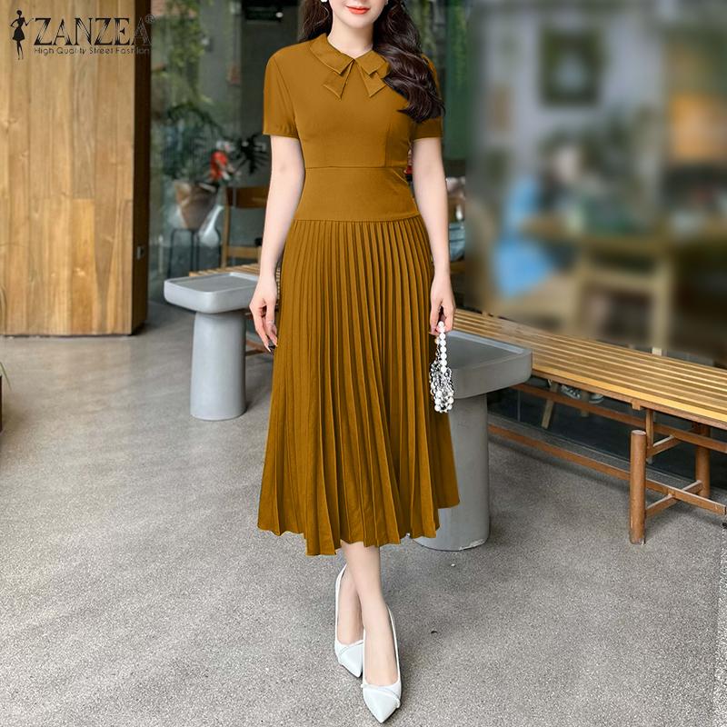 ZANZEA Damen Sommerkleid mit kurzen Ärmeln und lässigem Plissee