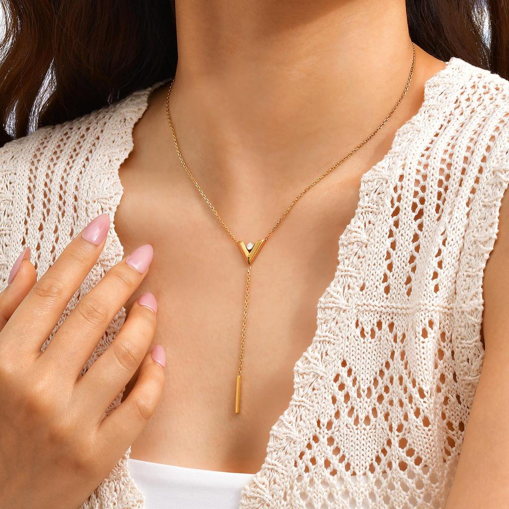 Fashion Minimalist Y-Shaped Long Tassel Necklace, Gold-color Stainless Steel V Necklace, Holiday Party Jewelry for Women Gift
