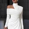 Damen Herbst Neue Kollektion Einfarbig Elegant Schlank Geschnitten Asymmetrischer Ausschnitt Rüschenkleid
