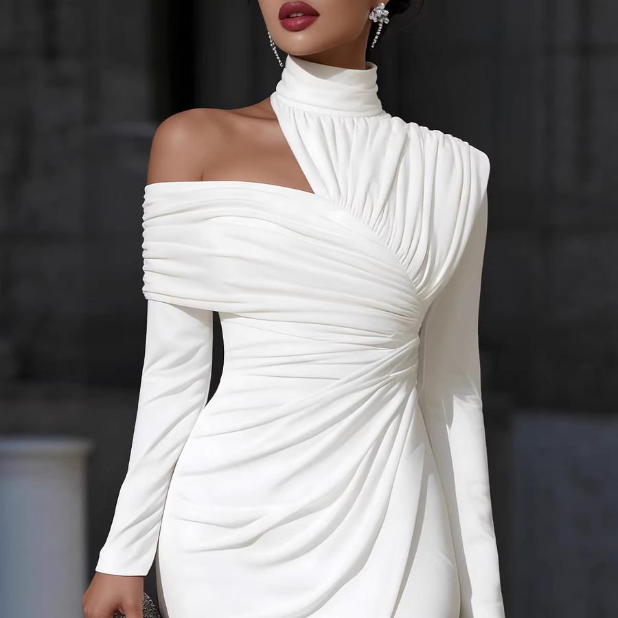 Damen Herbst Neue Kollektion Einfarbig Elegant Schlank Geschnitten Asymmetrischer Ausschnitt Rüschenkleid