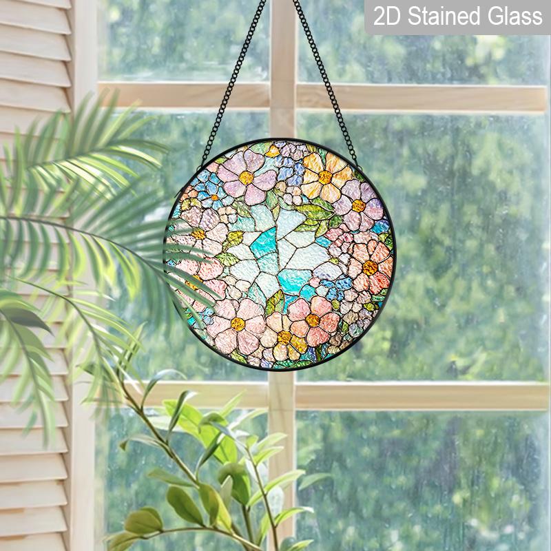 2D Flat Stained Glass Floral Window Decoration Colored Glass Plate, Charming Spring Summer Sun Catcher Home Livingroom Garden Decor, Unique Holiday