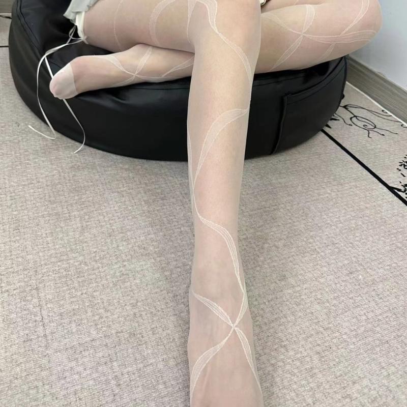 Womens Sweet Ribbon Streamer Patterned Sheer Silk Tights Stockings Aesthetic Vintage Ultra Thin Jacquard Dance Pantyhose