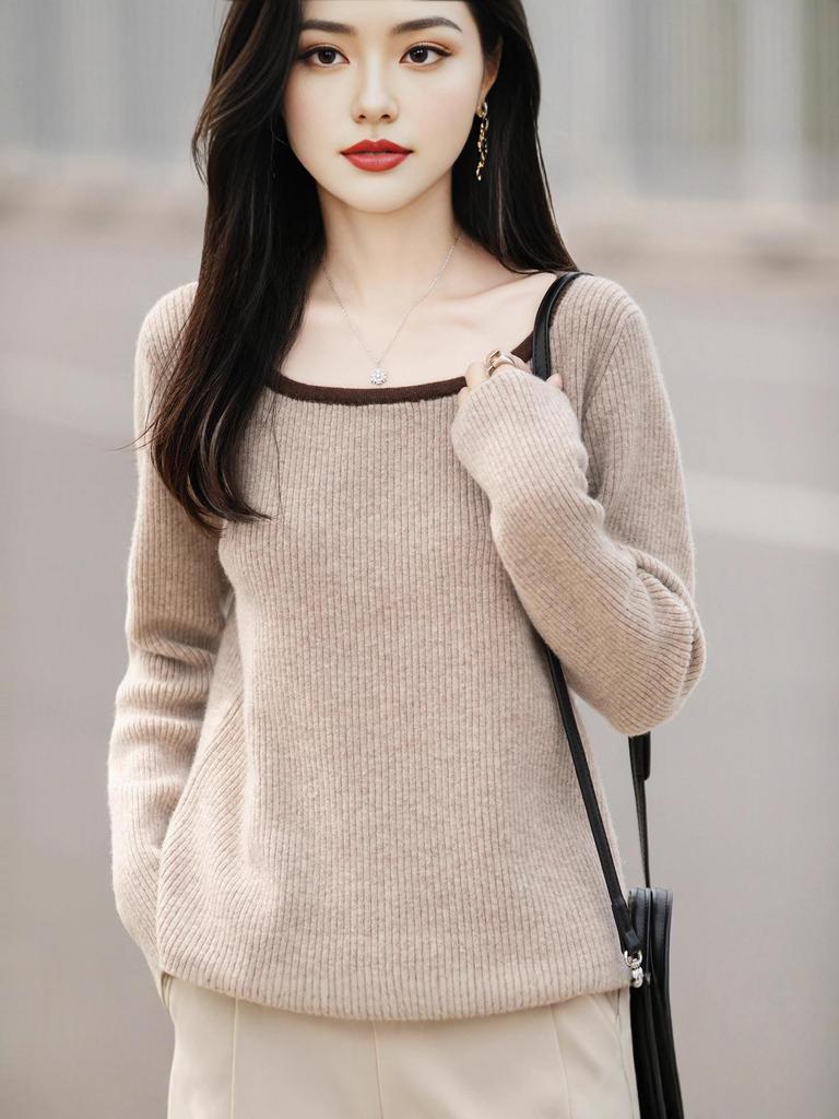 Solid Color Retro Wool Sweater - Long Sleeve Square Neck Knit Top for Women