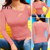 Women Top Sexy Tops Skew Collar Slanted Shoulder Bottoming Body Curves Enhancing Hollow Design Slim Fit Solid Color Long-Sleeved T-Shirt Long-sleeved